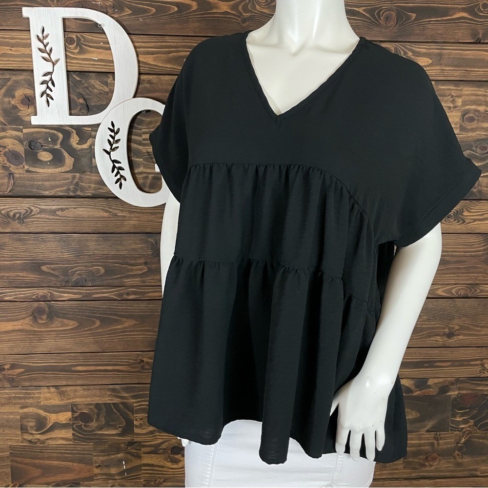 12 PM by Mon Ami | Babydoll Black V-Neck Tiered High Low Blouse Flowy Oversized